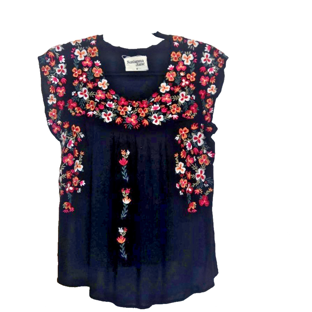 Savannah Jane Boho Peasant Hippie Mexican shirt black embroidered flowers M - Picture 4 of 13